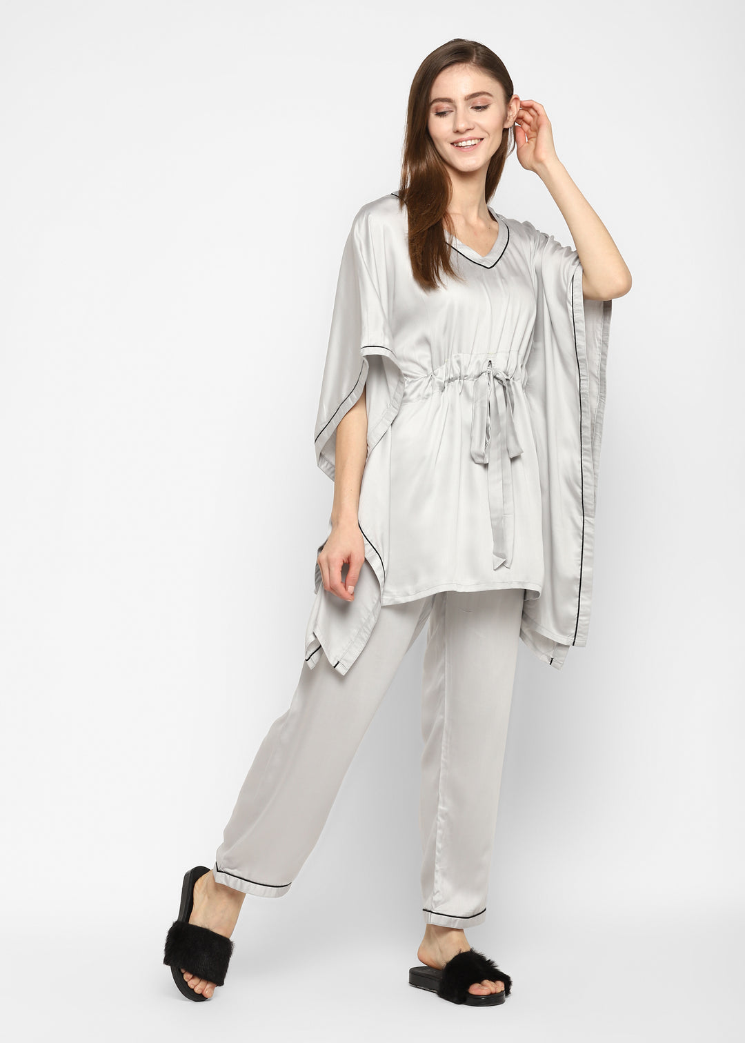 Ultra Soft Light Grey Modal Satin Women's Kaftan Night Suit - Shopbloom