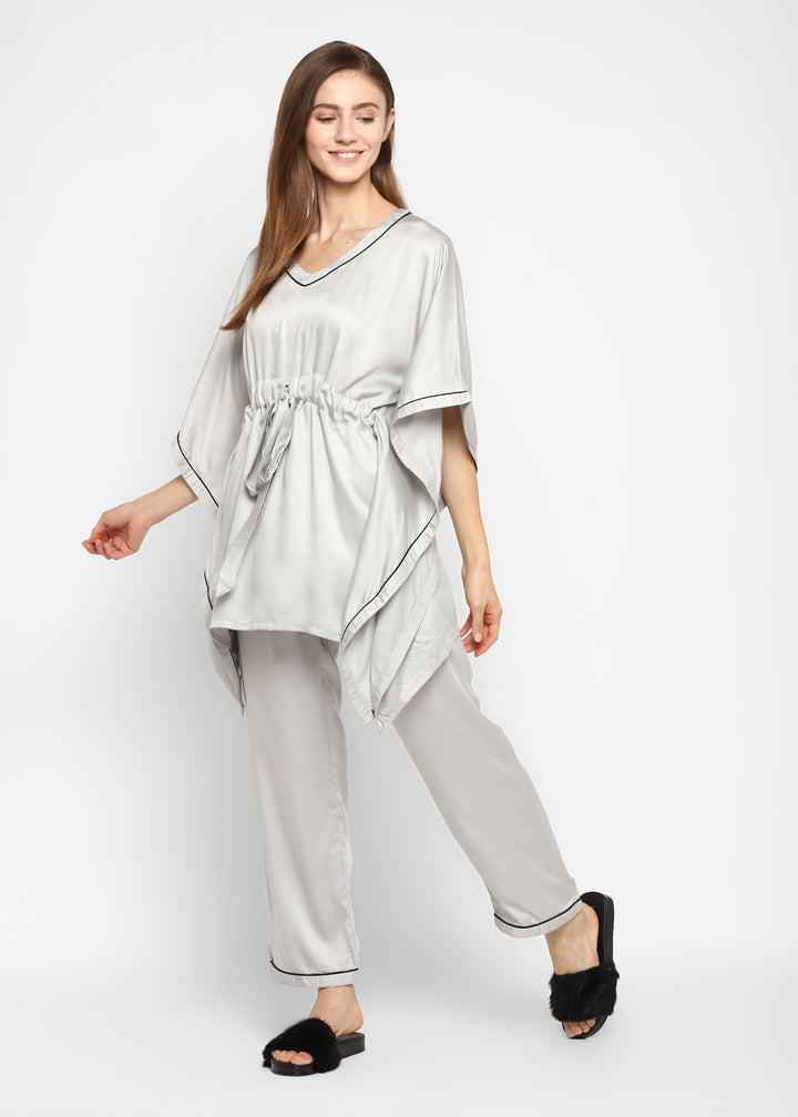 Ultra Soft Light Grey Modal Satin Women's Kaftan Night Suit - Shopbloom