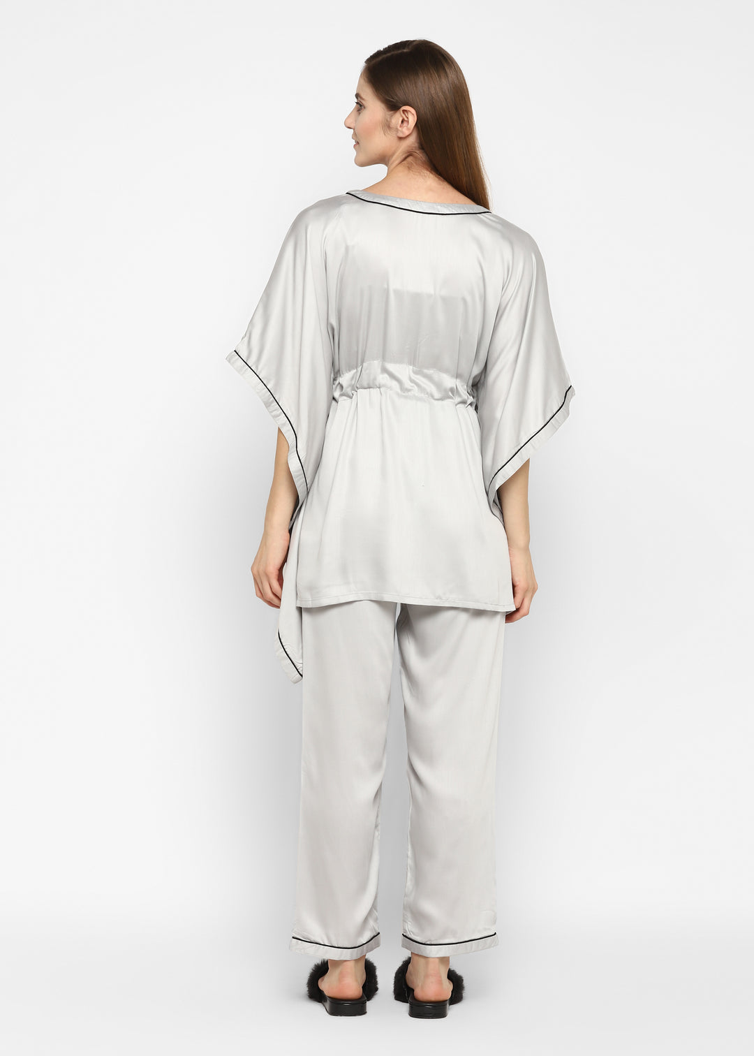 Ultra Soft Light Grey Modal Satin Women's Kaftan Night Suit - Shopbloom