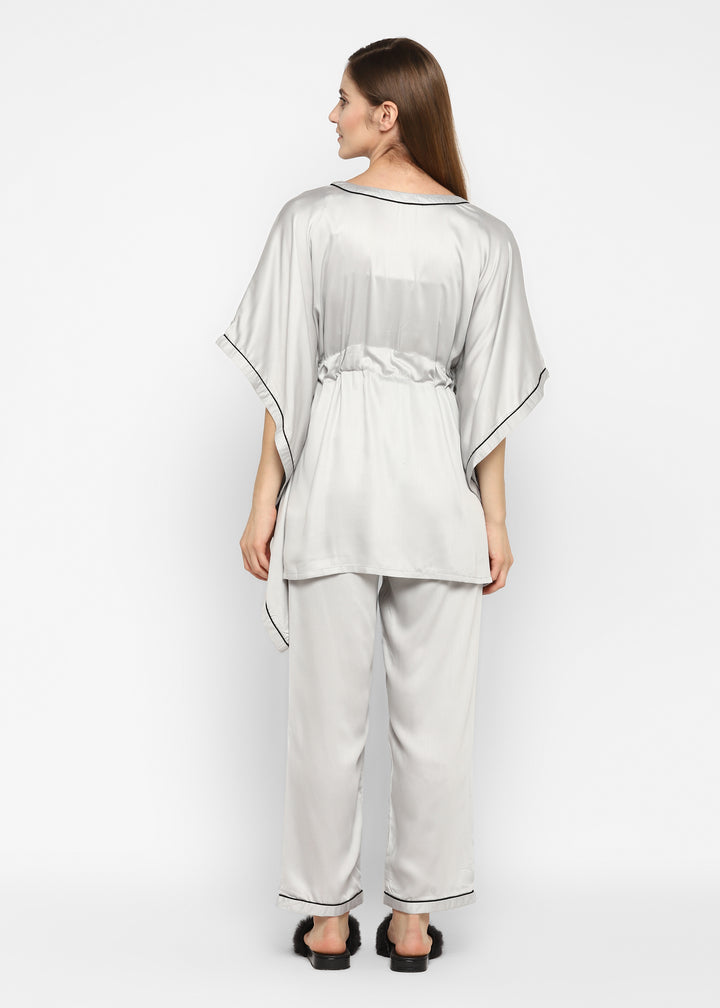 Ultra Soft Light Grey Modal Satin Women's Kaftan Night Suit - Shopbloom