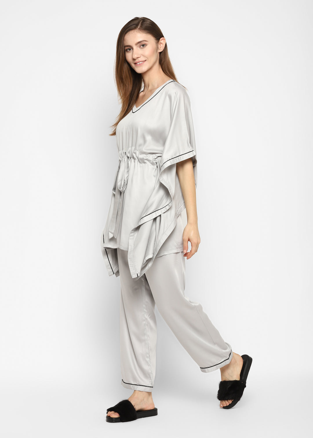 Ultra Soft Light Grey Modal Satin Women's Kaftan Night Suit - Shopbloom