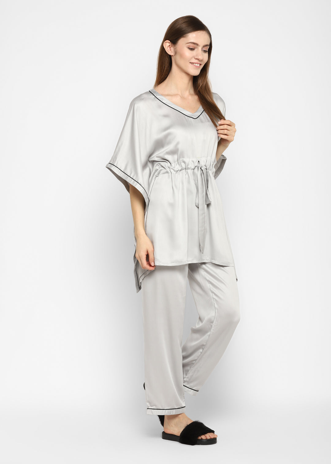 Ultra Soft Light Grey Modal Satin Women's Kaftan Night Suit - Shopbloom