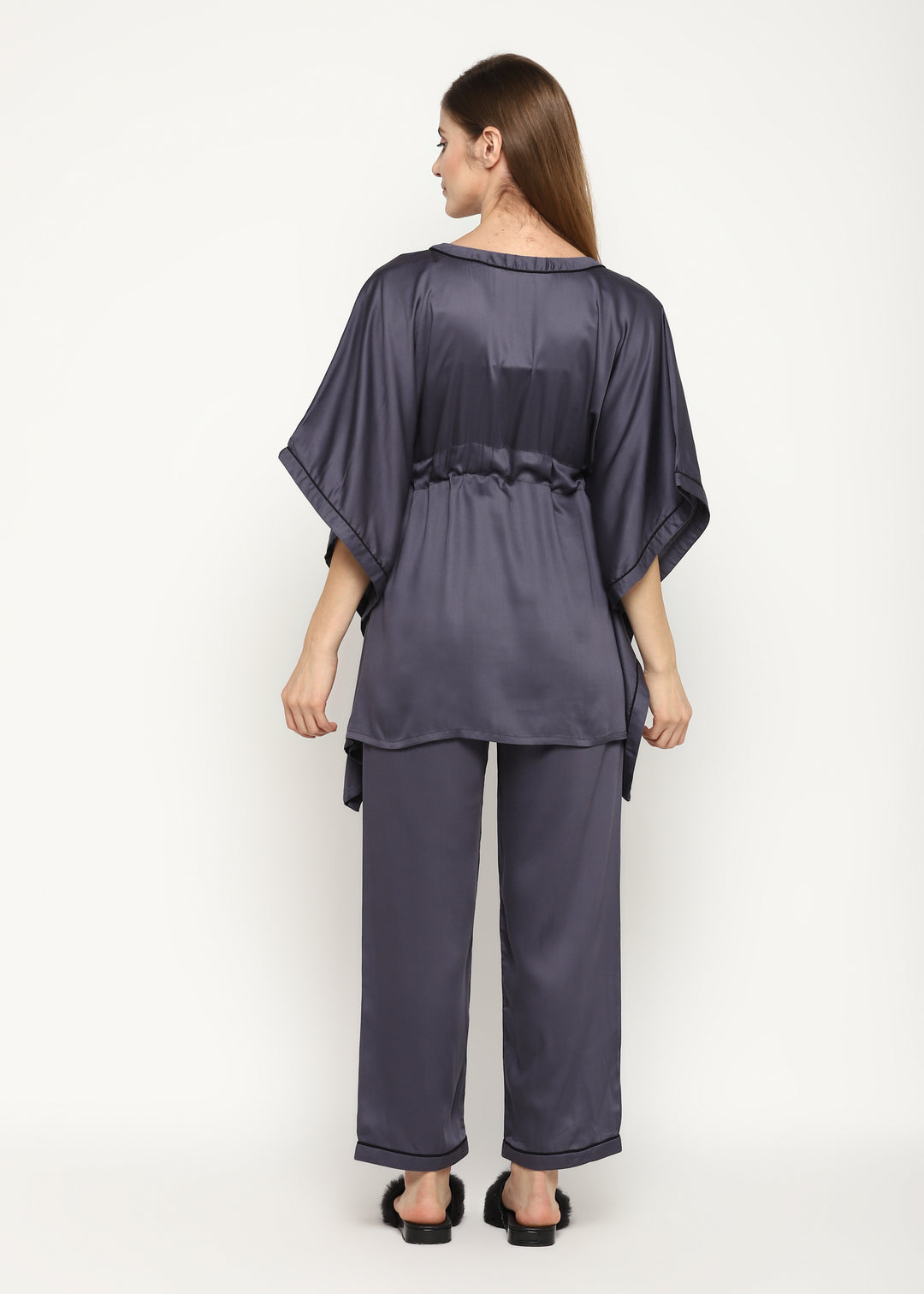 Ultra Soft Dark Grey Modal Satin Women's Kaftan Night Suit - Shopbloom