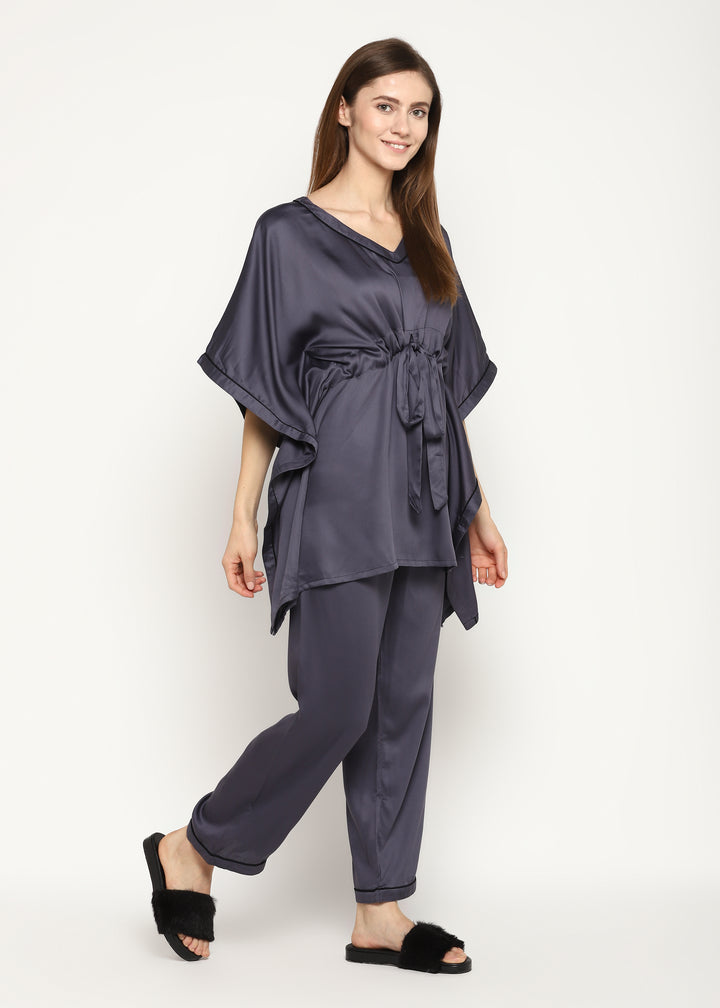 Ultra Soft Dark Grey Modal Satin Women's Kaftan Night Suit - Shopbloom