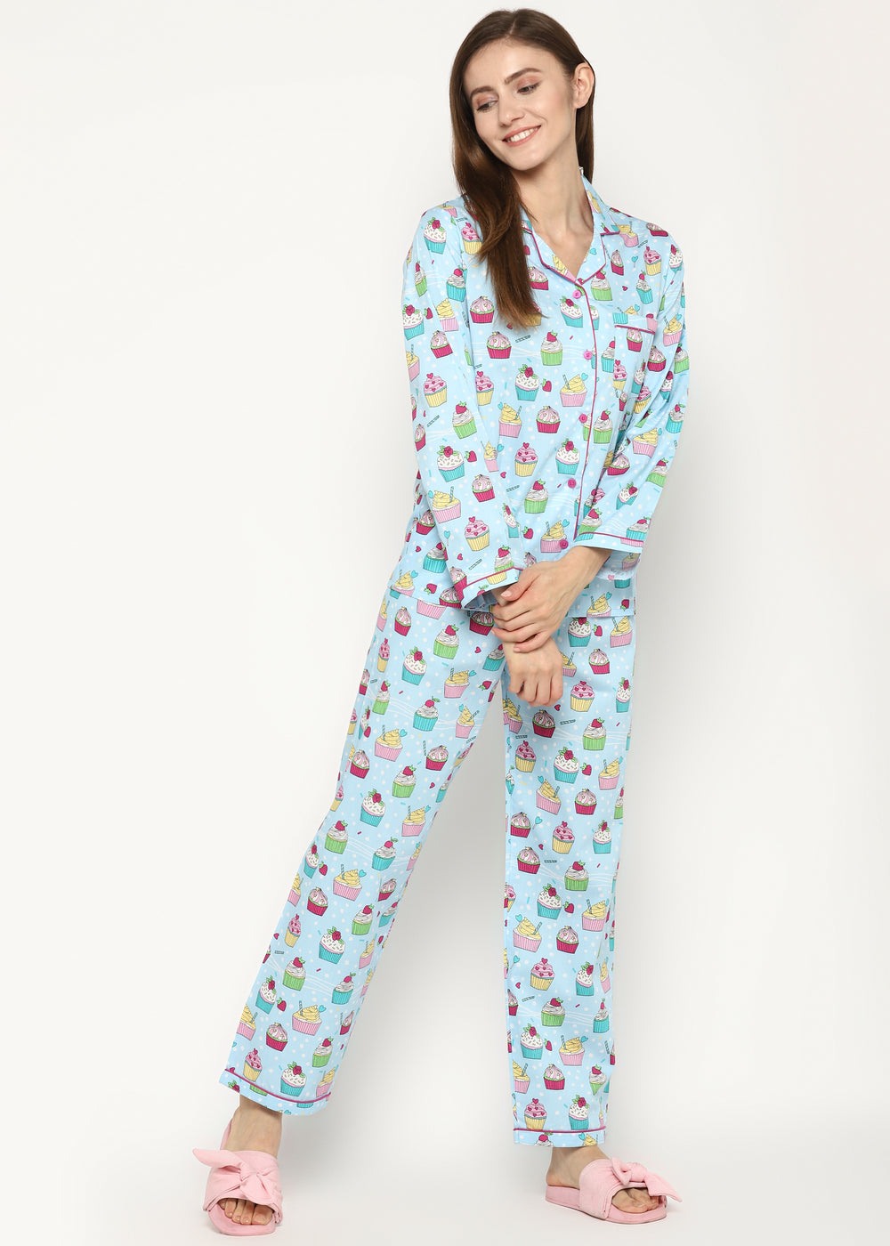 Cupcake Sprinkles Print Long Sleeve Women's Night Suit - Shopbloom