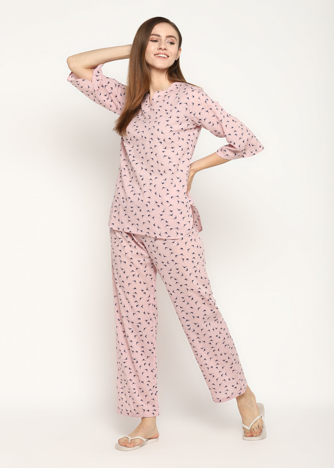 Bird Print V Neck Women's Night Suit - Shopbloom