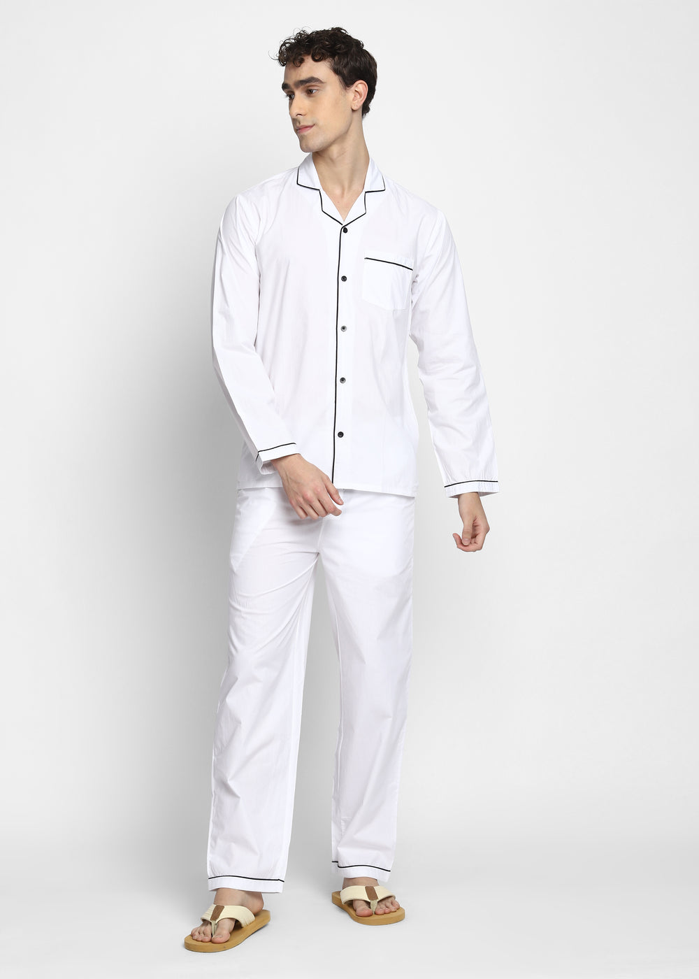 White Cotton Poplin with Black Piping Men's Night Suit - Shopbloom