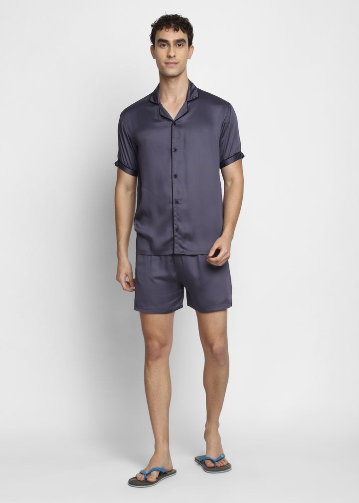 Ultra Soft Dark Grey Modal Satin Short Sleeve Men's Shorts Set - Shopbloom