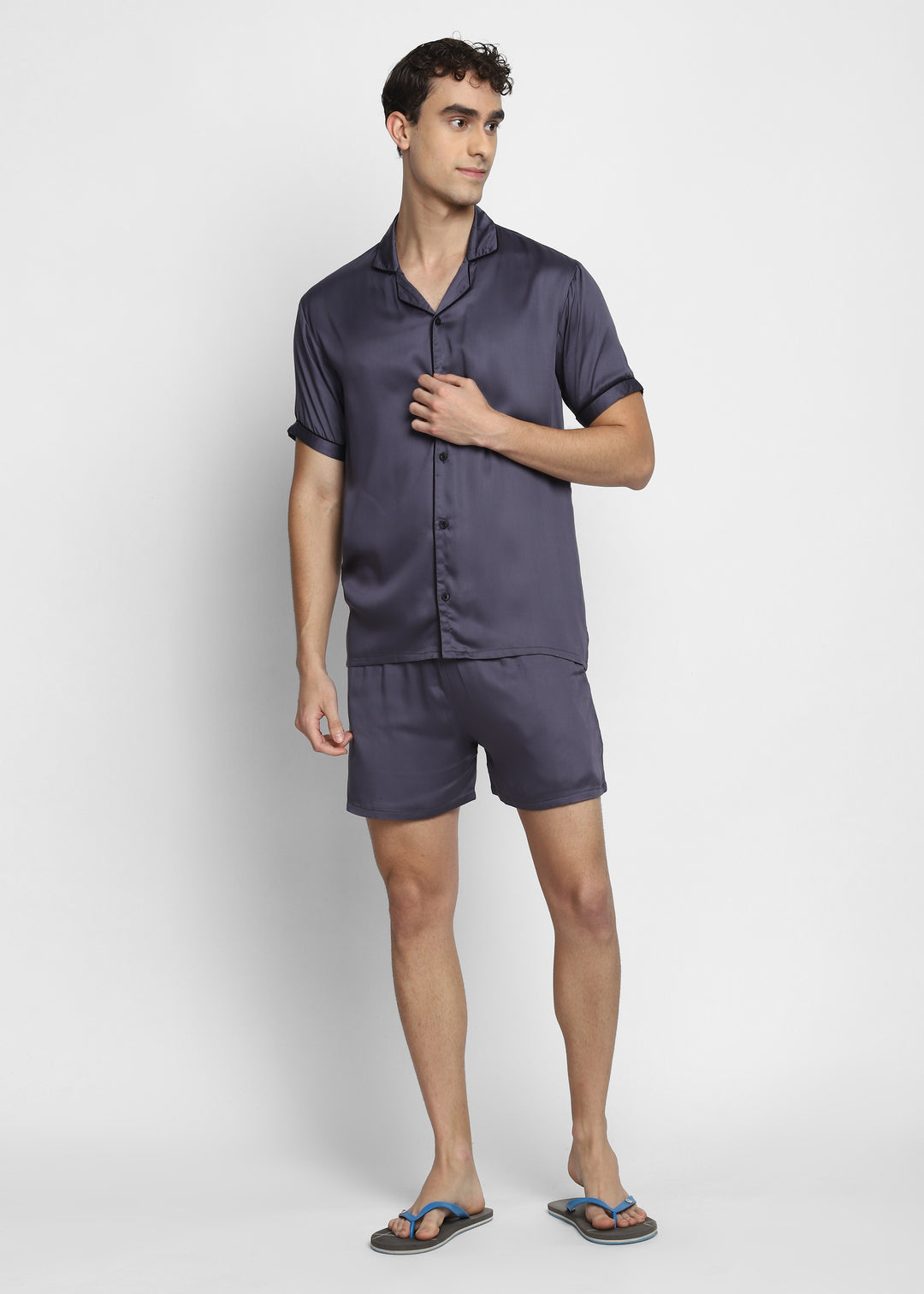 Ultra Soft Dark Grey Modal Satin Short Sleeve Men's Shorts Set - Shopbloom