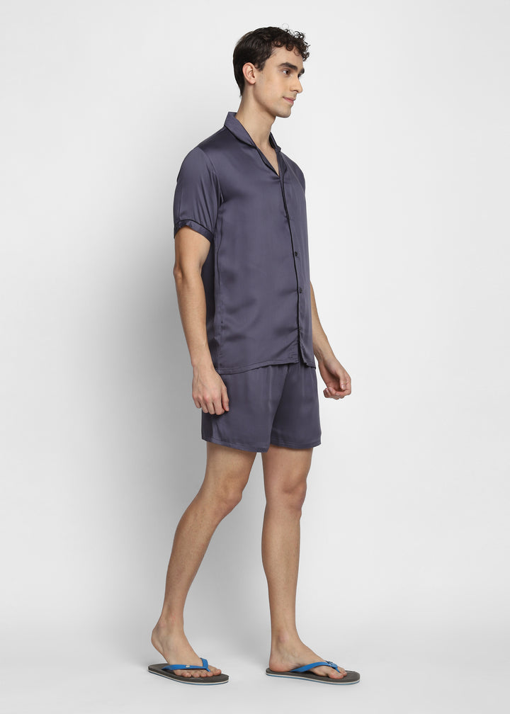 Ultra Soft Dark Grey Modal Satin Short Sleeve Men's Shorts Set - Shopbloom