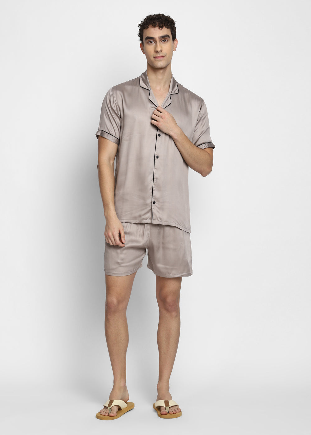 Ultra Soft Light Grey Modal Satin Short Sleeve Men's Shorts Set - Shopbloom