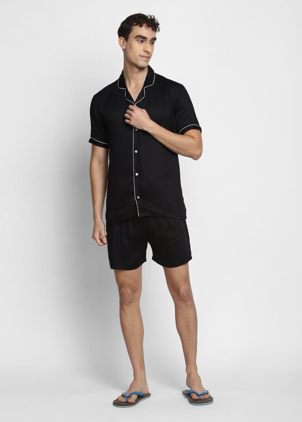 Ultra Soft Black Modal Satin Short Sleeve Men's Shorts Set - Shopbloom