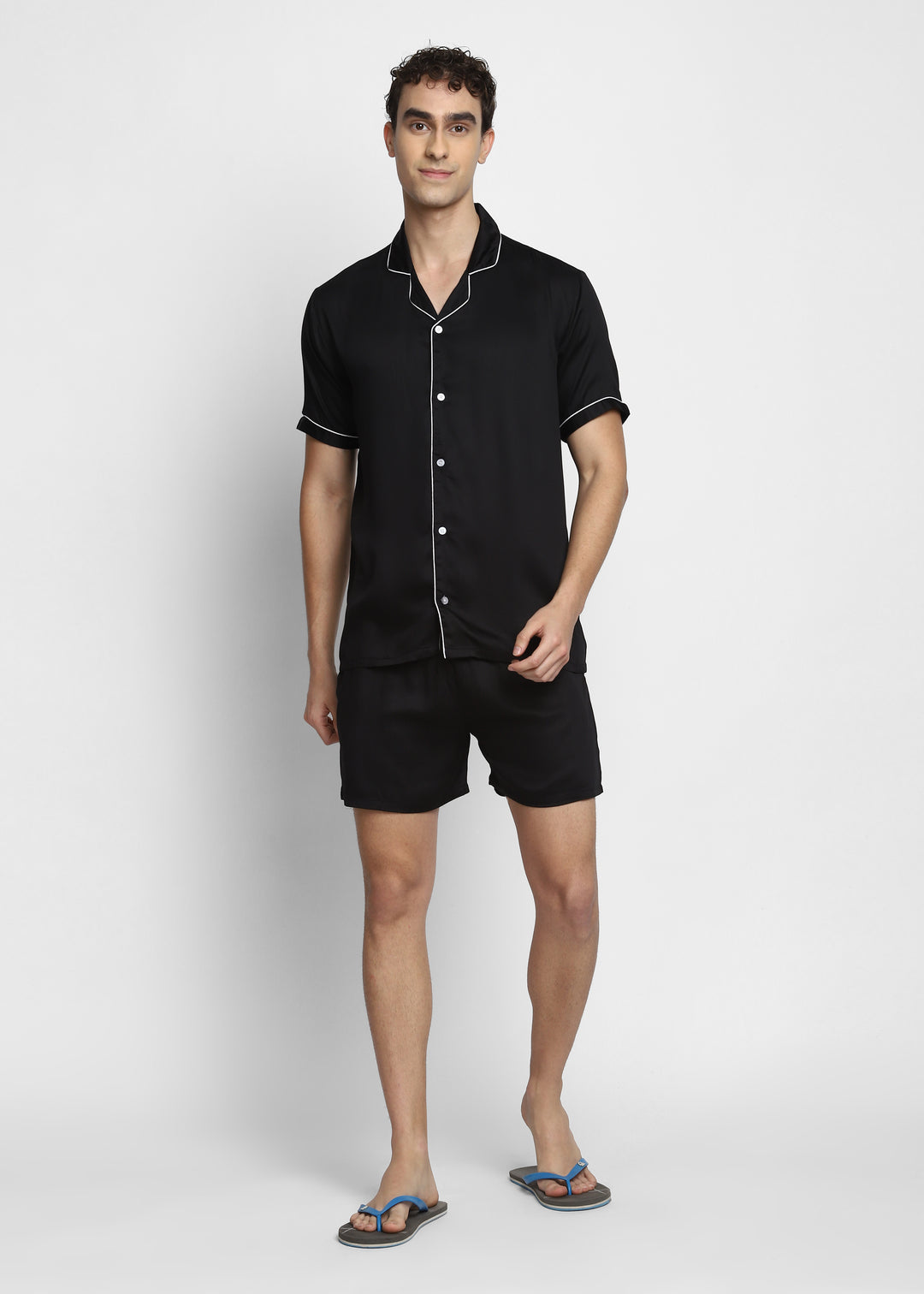 Ultra Soft Black Modal Satin Short Sleeve Men's Shorts Set - Shopbloom