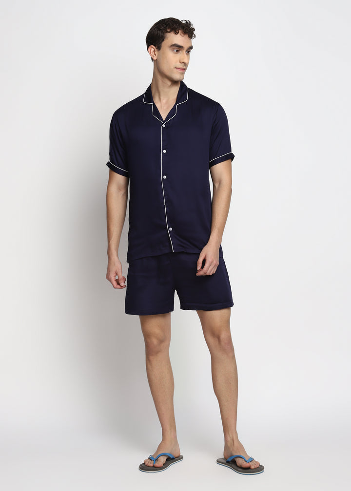 Ultra Soft Navy Modal Satin Short Sleeve Men's Shorts Set - Shopbloom