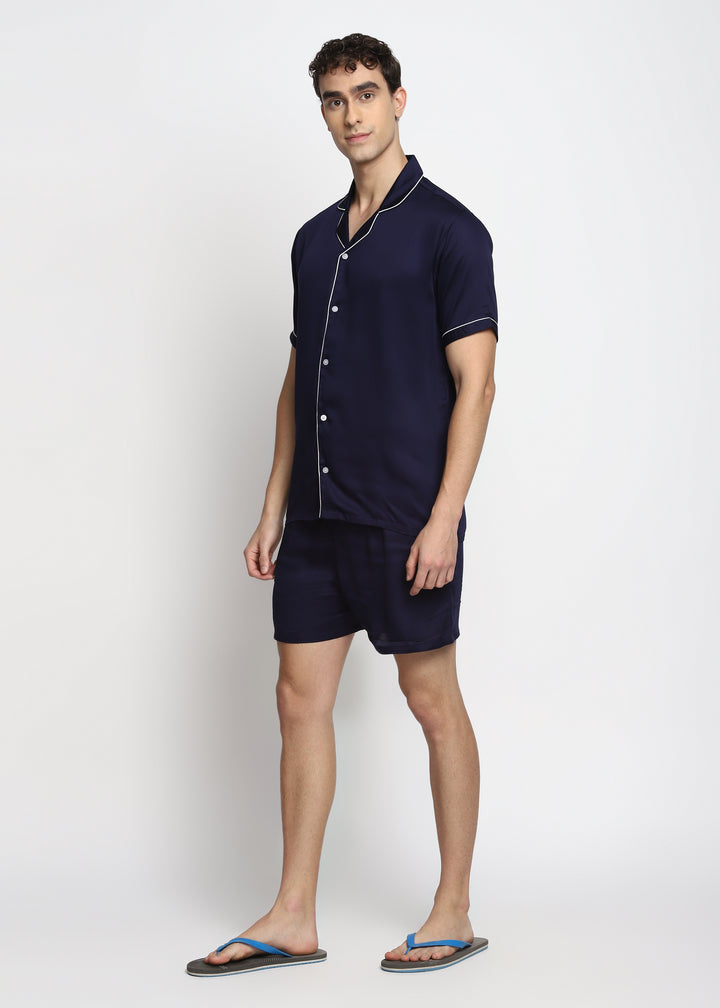 Ultra Soft Navy Modal Satin Short Sleeve Men's Shorts Set - Shopbloom