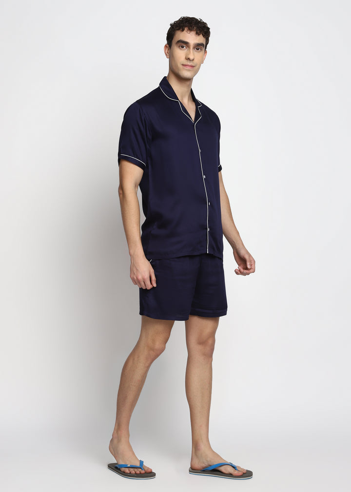 Ultra Soft Navy Modal Satin Short Sleeve Men's Shorts Set - Shopbloom