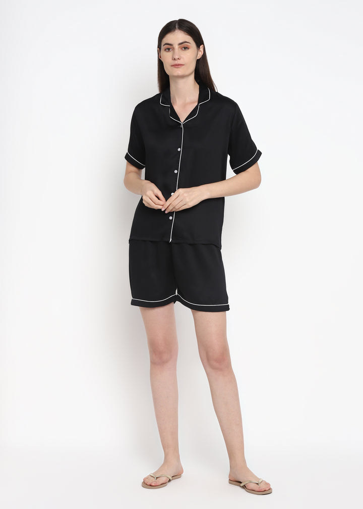 Ultra Soft Black Modal Satin Short Sleeve Women's Shorts Set - Shopbloom