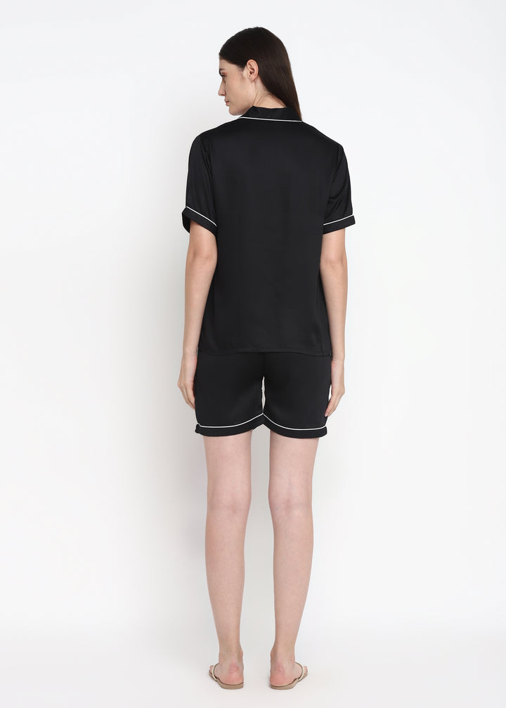 Ultra Soft Black Modal Satin Short Sleeve Women's Shorts Set - Shopbloom