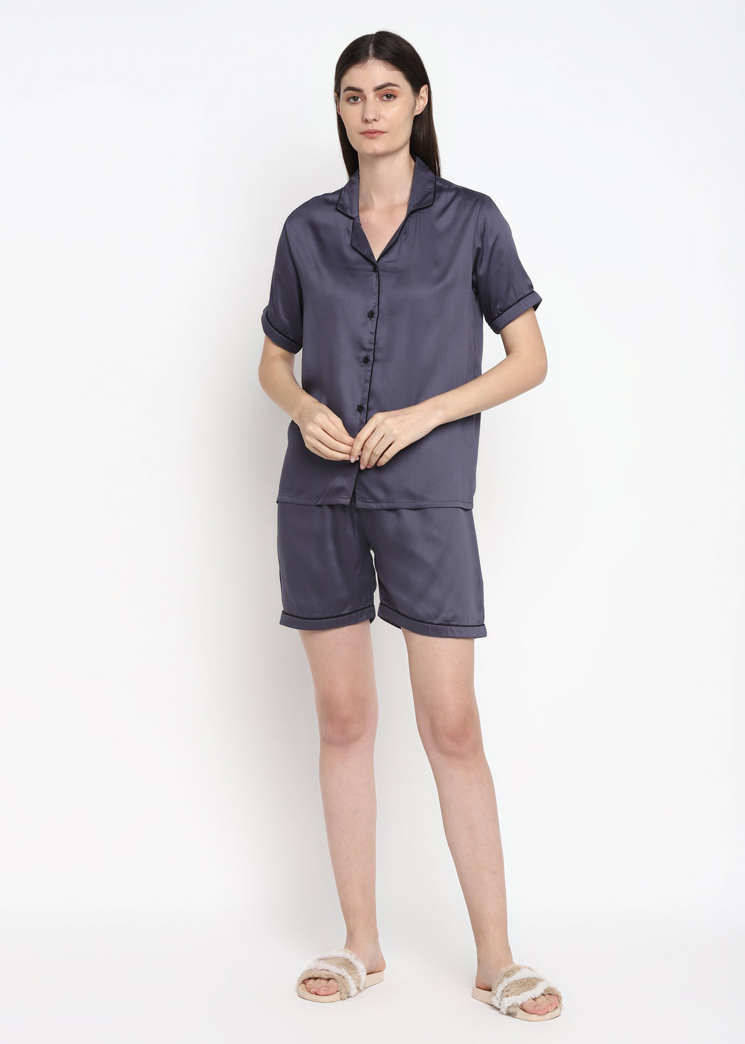 Ultra Soft Dark Grey Modal Satin Short Sleeve Women's Shorts Set - Shopbloom