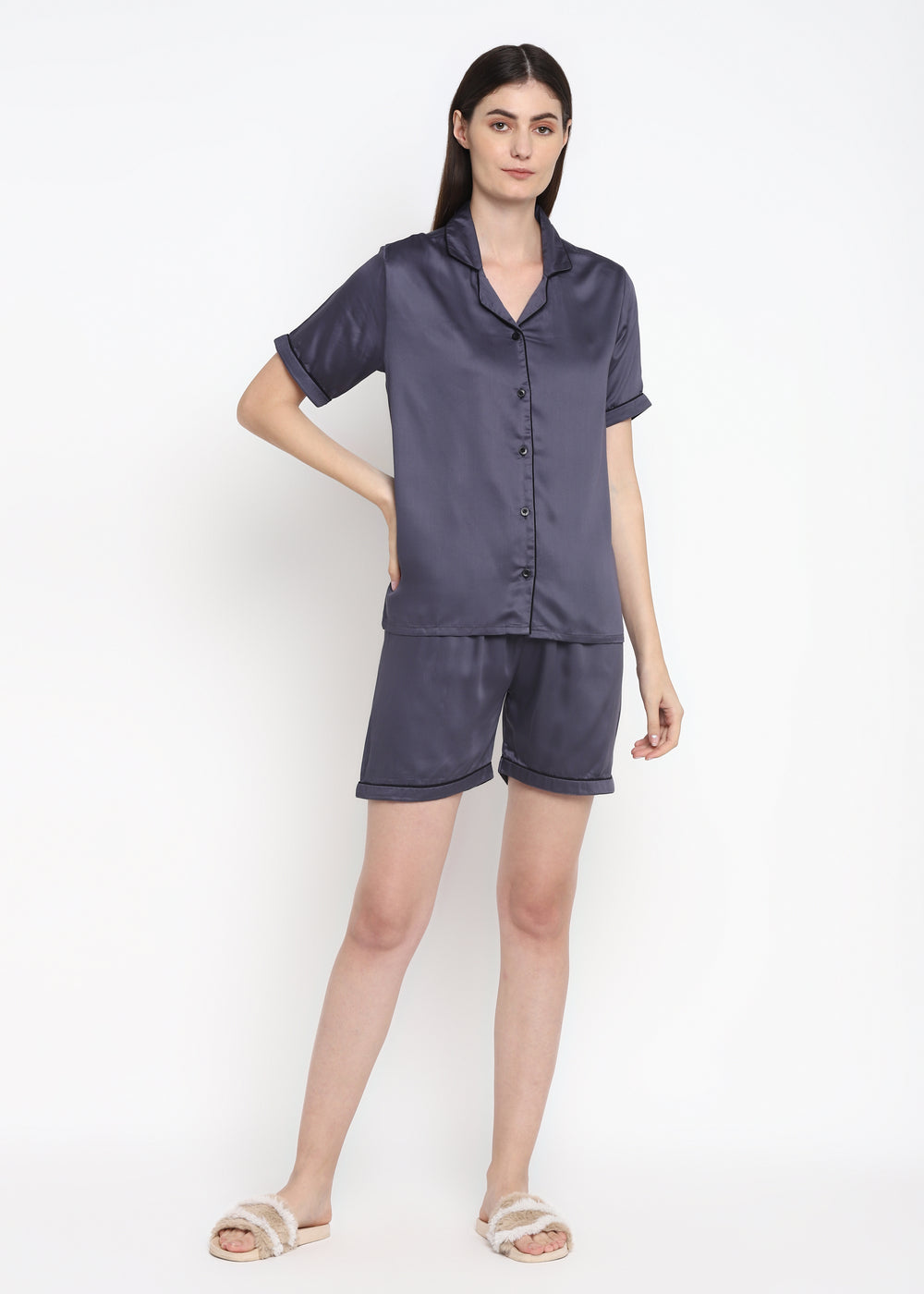 Ultra Soft Dark Grey Modal Satin Short Sleeve Women's Shorts Set - Shopbloom