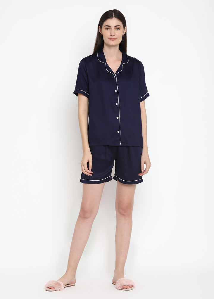 Ultra Soft Navy Modal Satin Short Sleeve Women's Shorts Set - Shopbloom