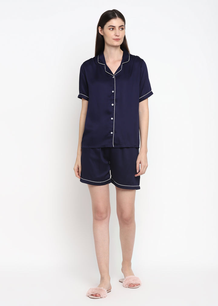 Ultra Soft Navy Modal Satin Short Sleeve Women's Shorts Set - Shopbloom