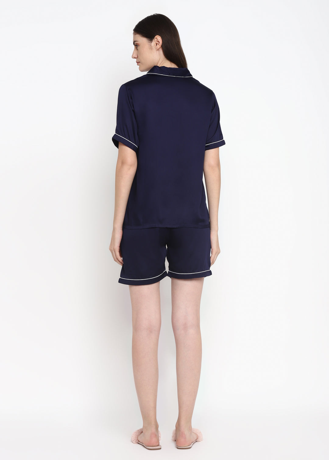 Ultra Soft Navy Modal Satin Short Sleeve Women's Shorts Set - Shopbloom