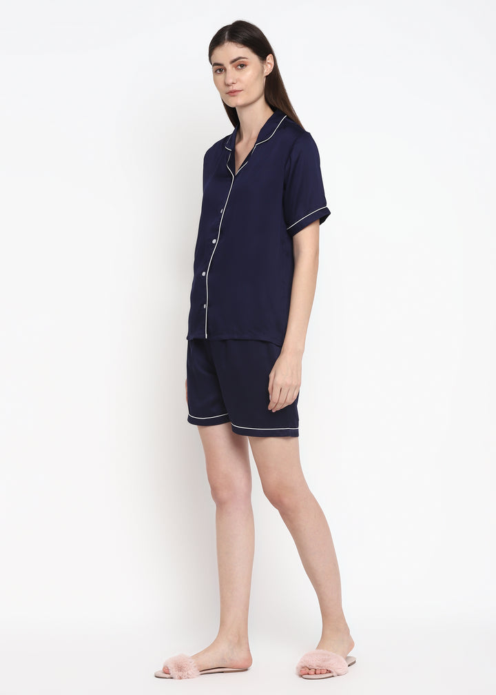 Ultra Soft Navy Modal Satin Short Sleeve Women's Shorts Set - Shopbloom