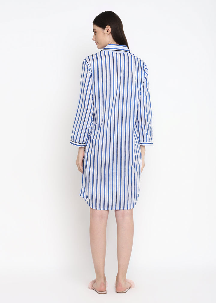 Blue Stripe Long Sleeve Women's Sleep Shirt - Shopbloom