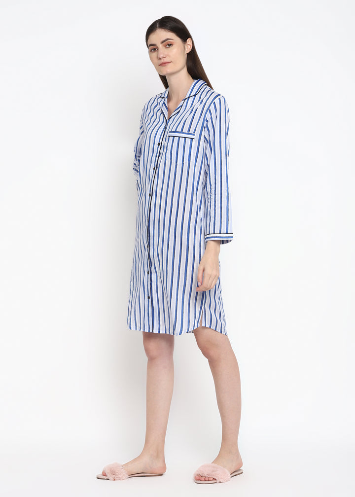 Blue Stripe Long Sleeve Women's Sleep Shirt - Shopbloom