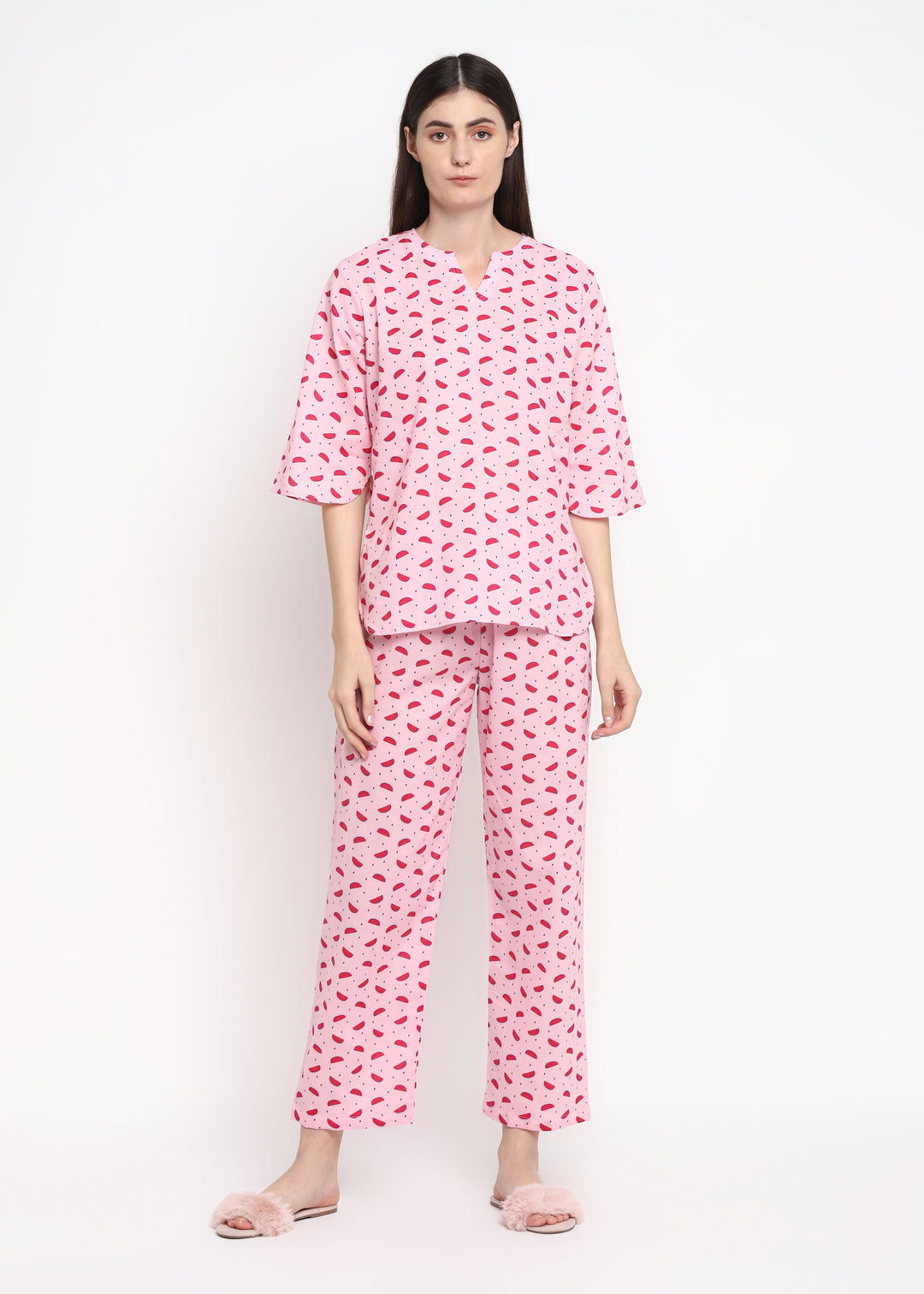 Pink Watermelon Print V Neck Women's Night Suit - Shopbloom