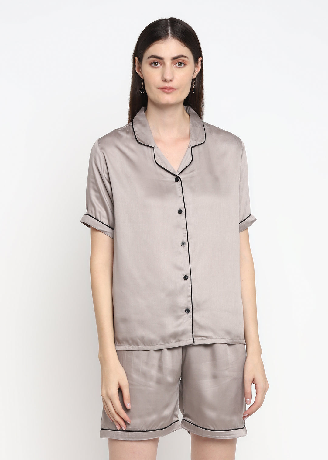 Ultra Soft Light Grey Modal Satin Short Sleeve Women's Shorts Set - Shopbloom