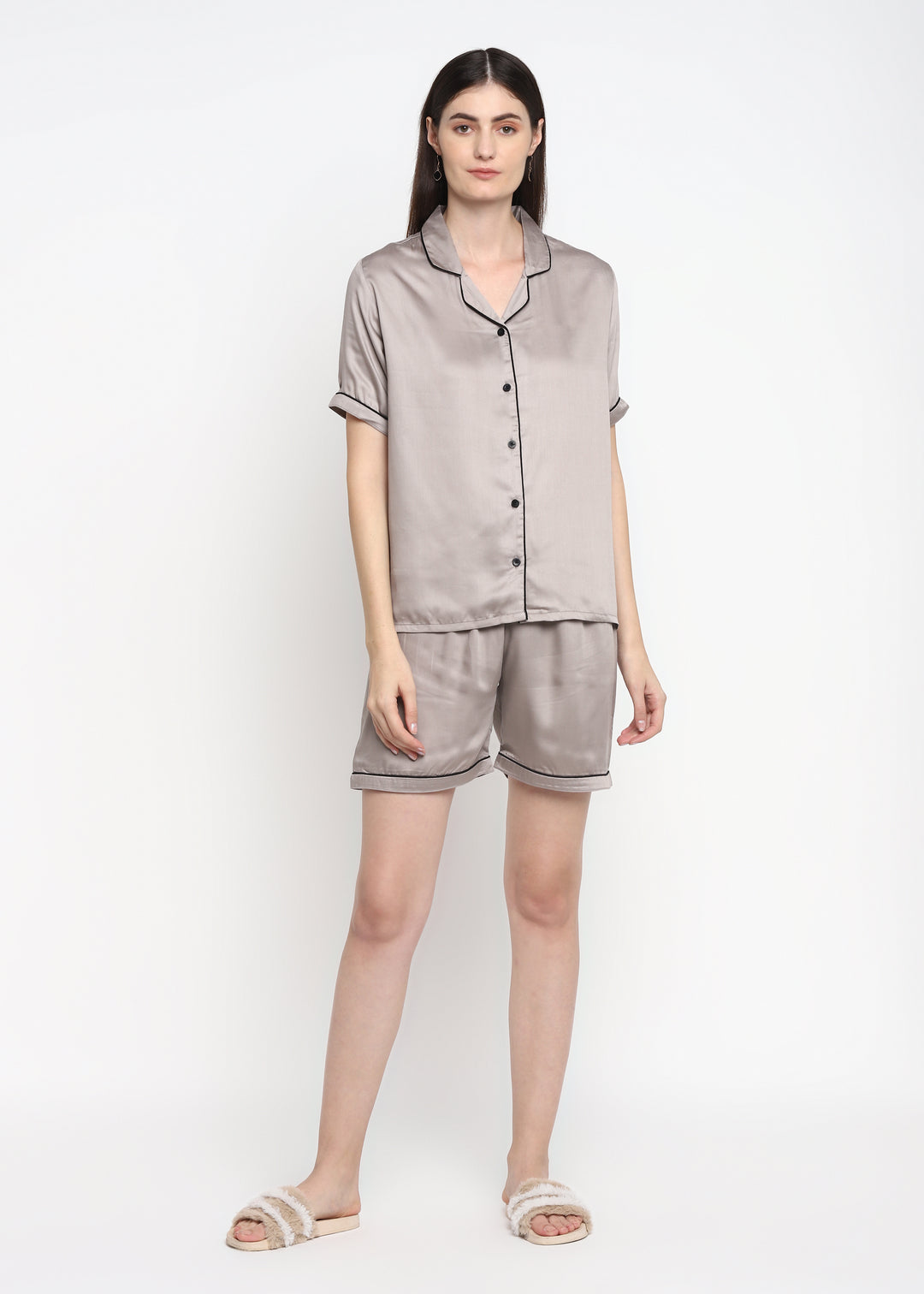 Ultra Soft Light Grey Modal Satin Short Sleeve Women's Shorts Set - Shopbloom