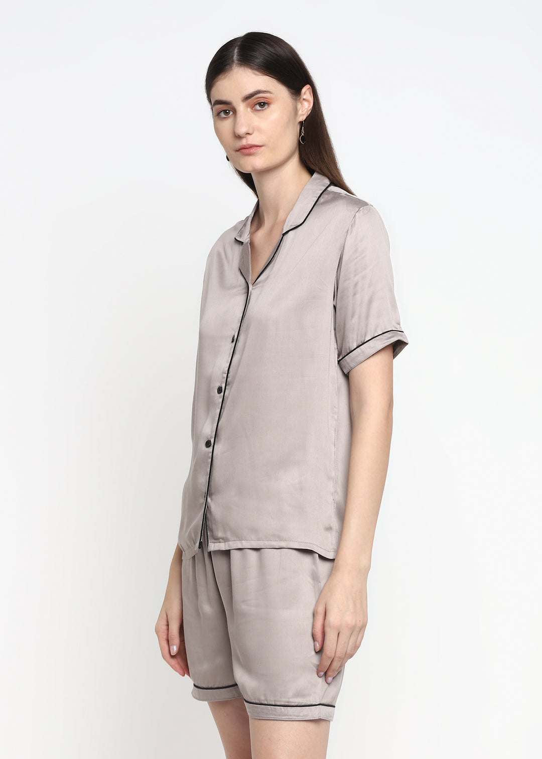 Ultra Soft Light Grey Modal Satin Short Sleeve Women's Shorts Set - Shopbloom