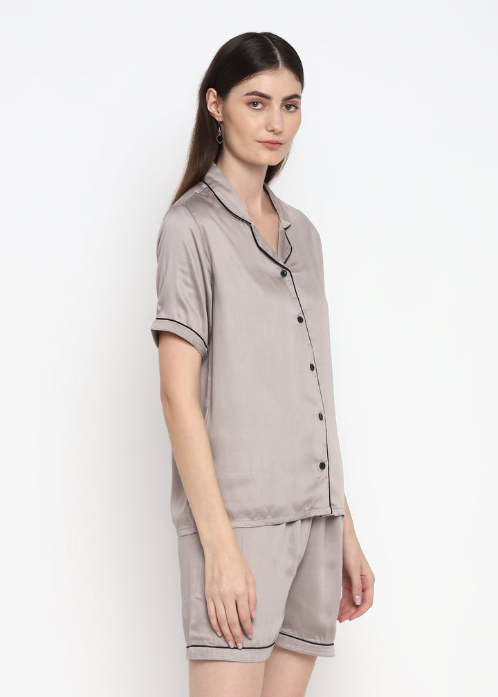 Ultra Soft Light Grey Modal Satin Short Sleeve Women's Shorts Set - Shopbloom