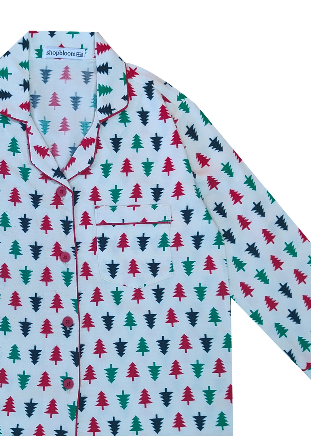 Tricolour Christmas Tree Print Cotton Flannel Long Sleeve Kid's Night Suit - Shopbloom