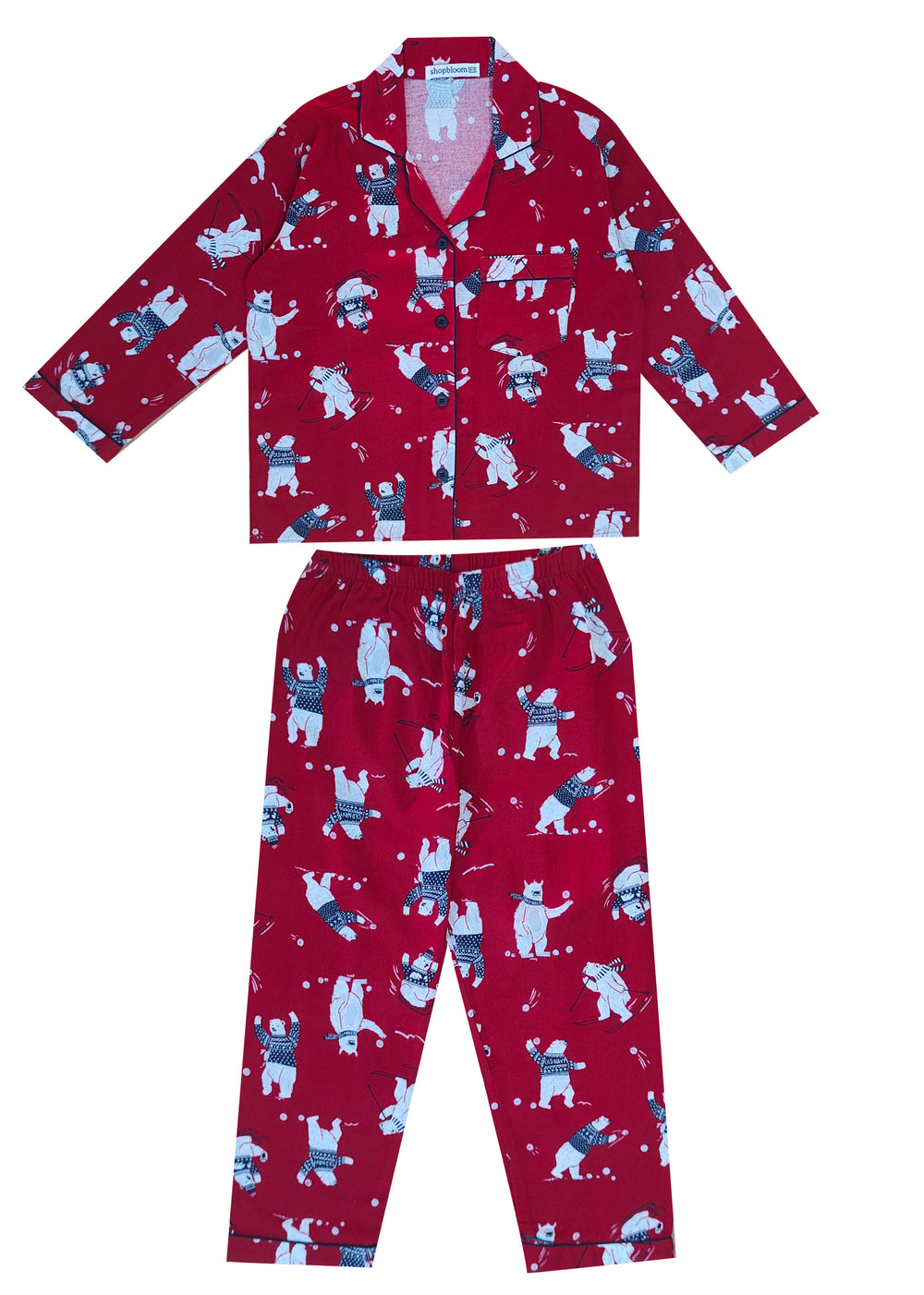 Christmas Bear Print Cotton Flannel Long Sleeve Kid's Night Suit - Shopbloom