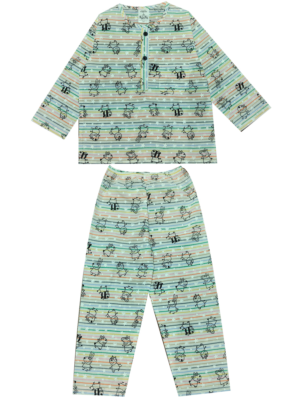 Multicolored Peppa Print Round Neck Long Sleeve Kids Night Suit - Shopbloom