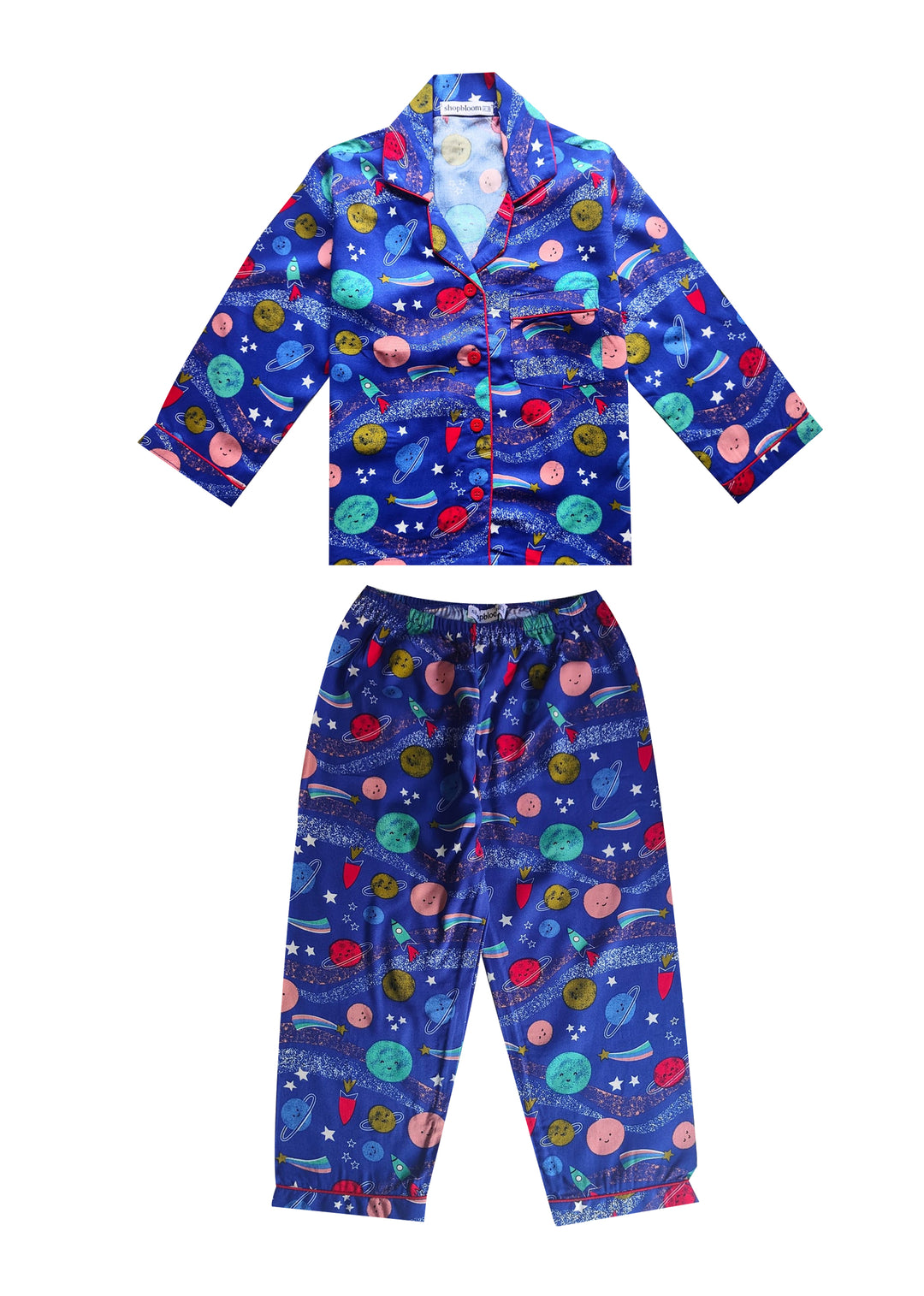 Blue Space Print Long Sleeve Kids Night Suit - Shopbloom