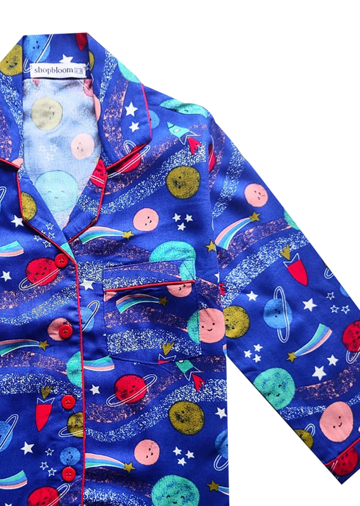 Blue Space Print Long Sleeve Kids Night Suit - Shopbloom