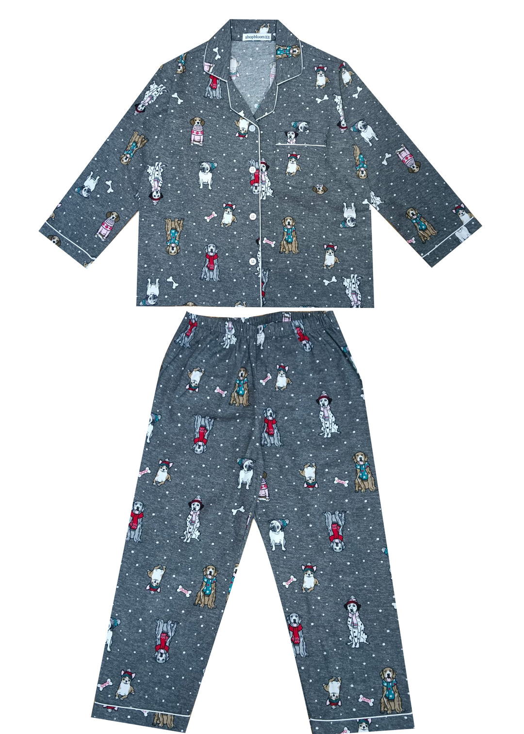 Mixed Dogs Print Cotton Flannel Long Sleeve Kid's Night Suit - Shopbloom