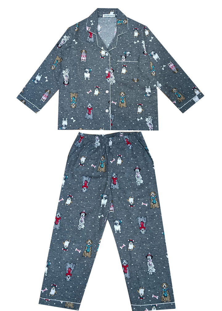 Mixed Dogs Print Cotton Flannel Long Sleeve Kid's Night Suit - Shopbloom