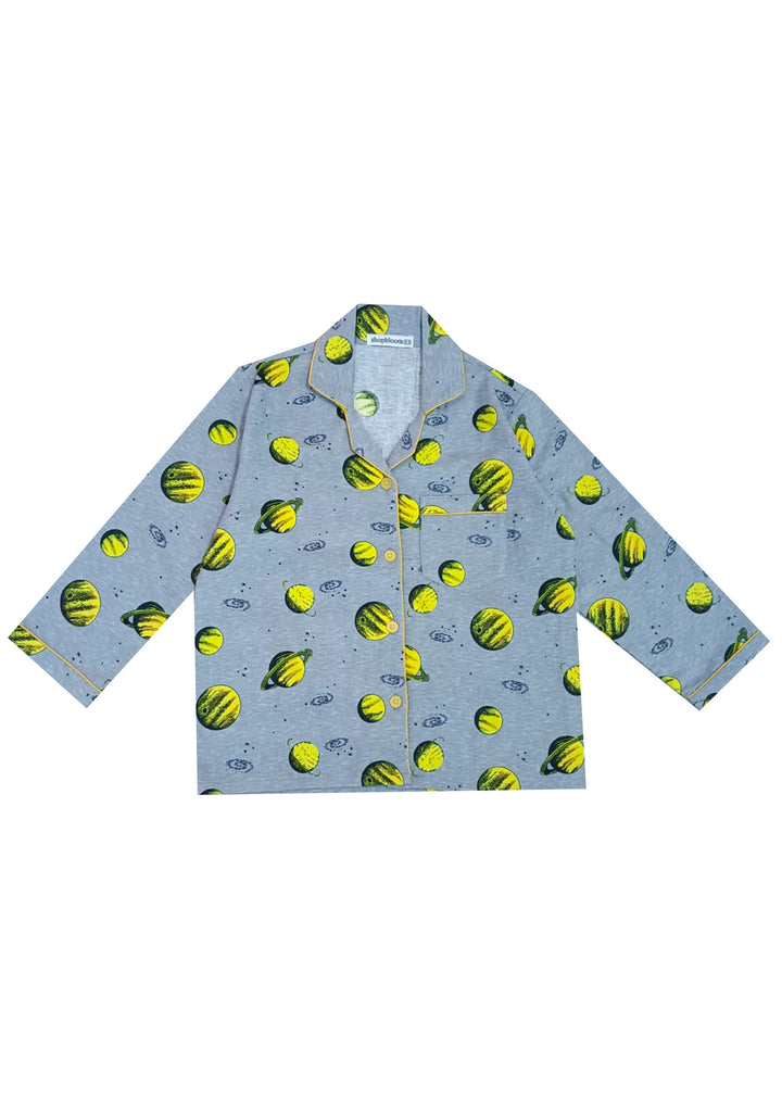 Grey Space Print Cotton Flannel Long Sleeve Kid's Night Suit - Shopbloom