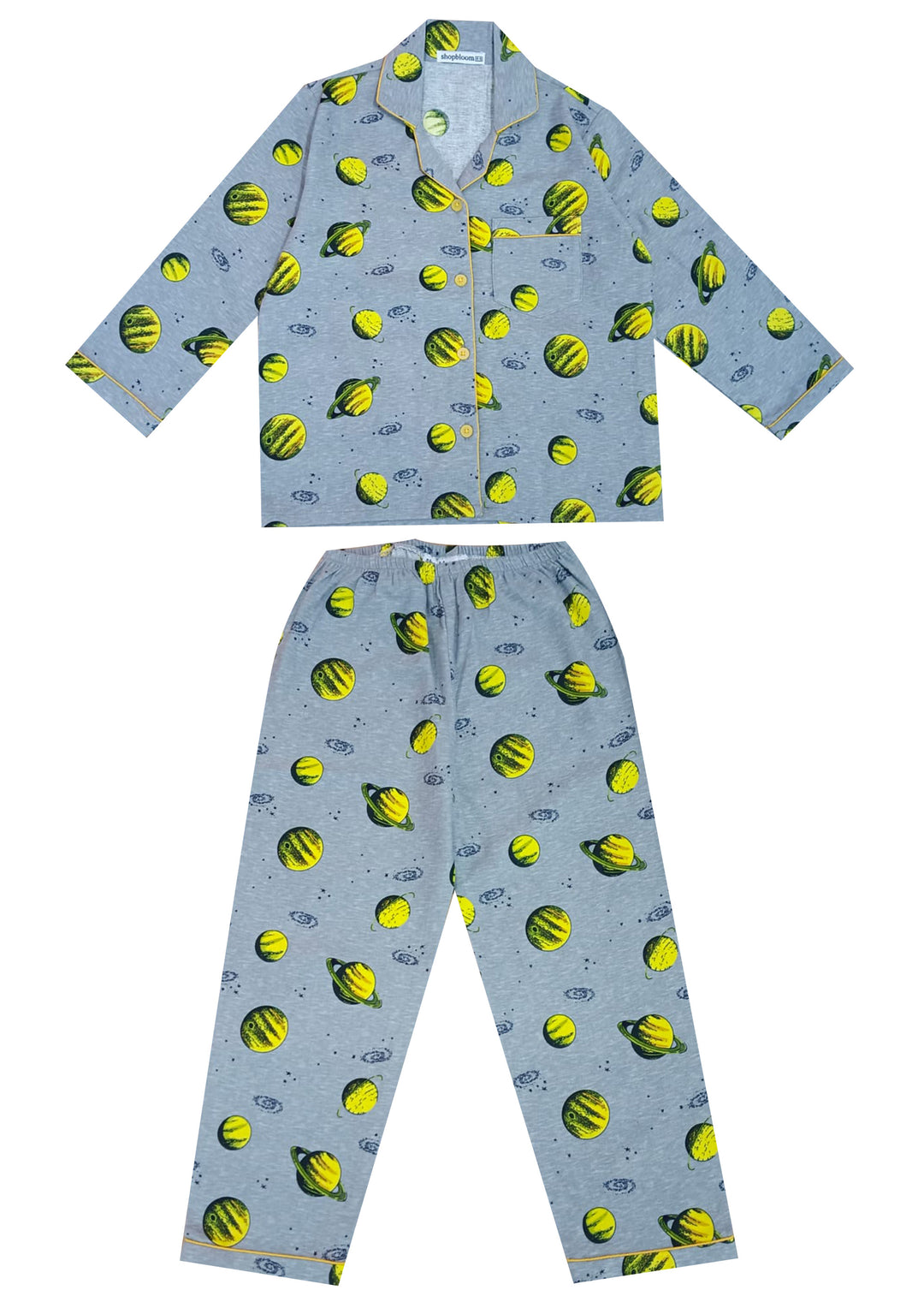 Grey Space Print Cotton Flannel Long Sleeve Kid's Night Suit - Shopbloom