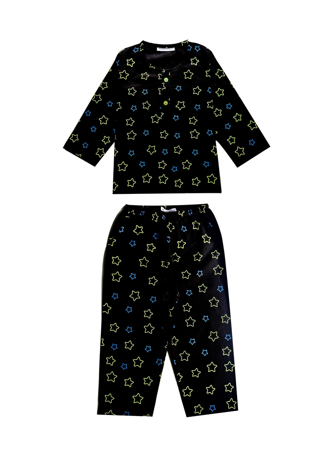 Glow in the Dark Blue Star Print Round Neck Long Sleeve Kids Night Suit - Shopbloom