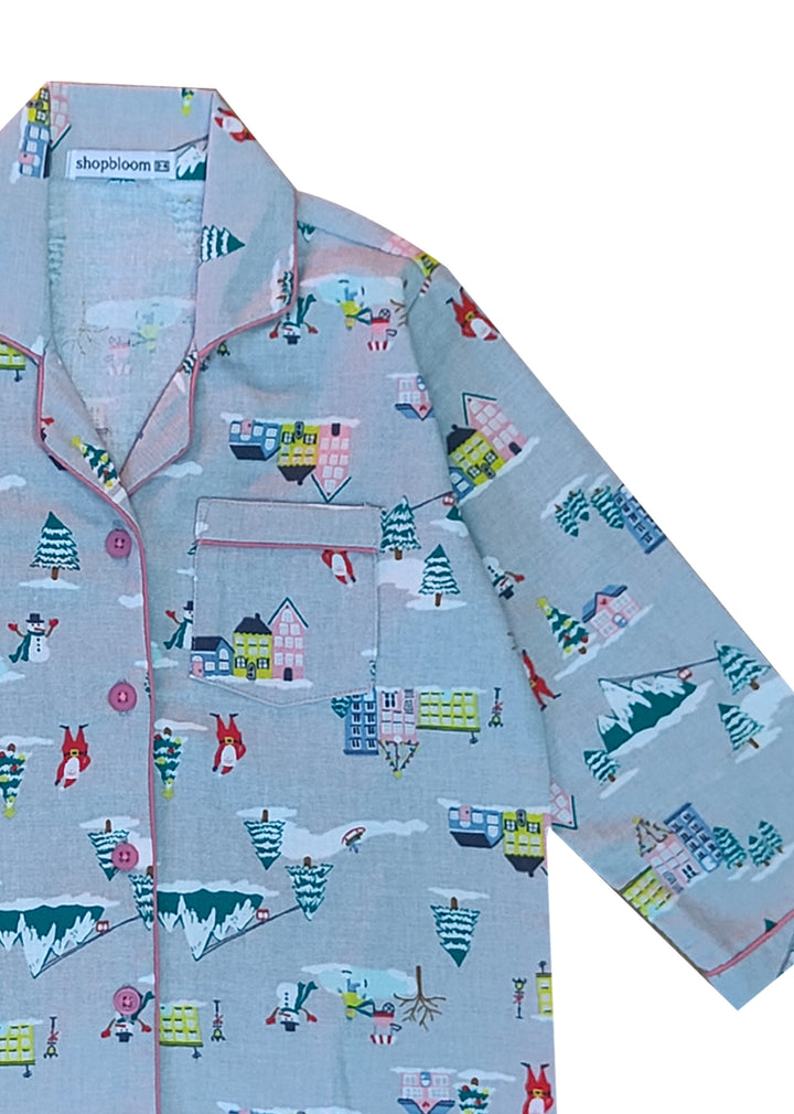 Santa City Print Cotton Flannel Long Sleeve Kid's Night Suit - Shopbloom