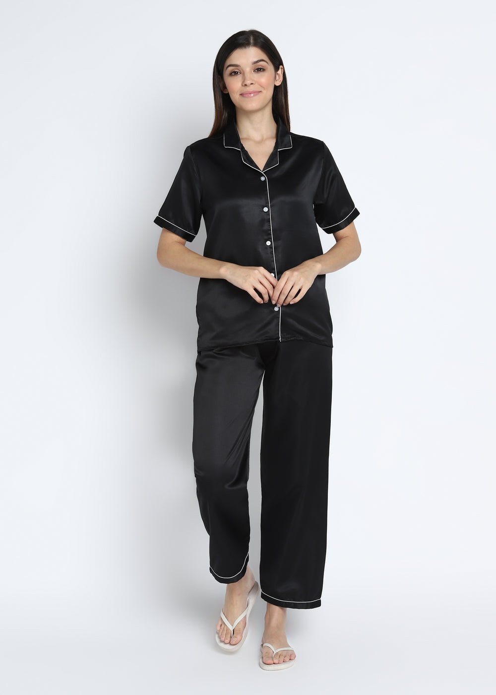 Ultra Soft Black Modal Satin Short Sleeve Women's Night Suit - Shopbloom