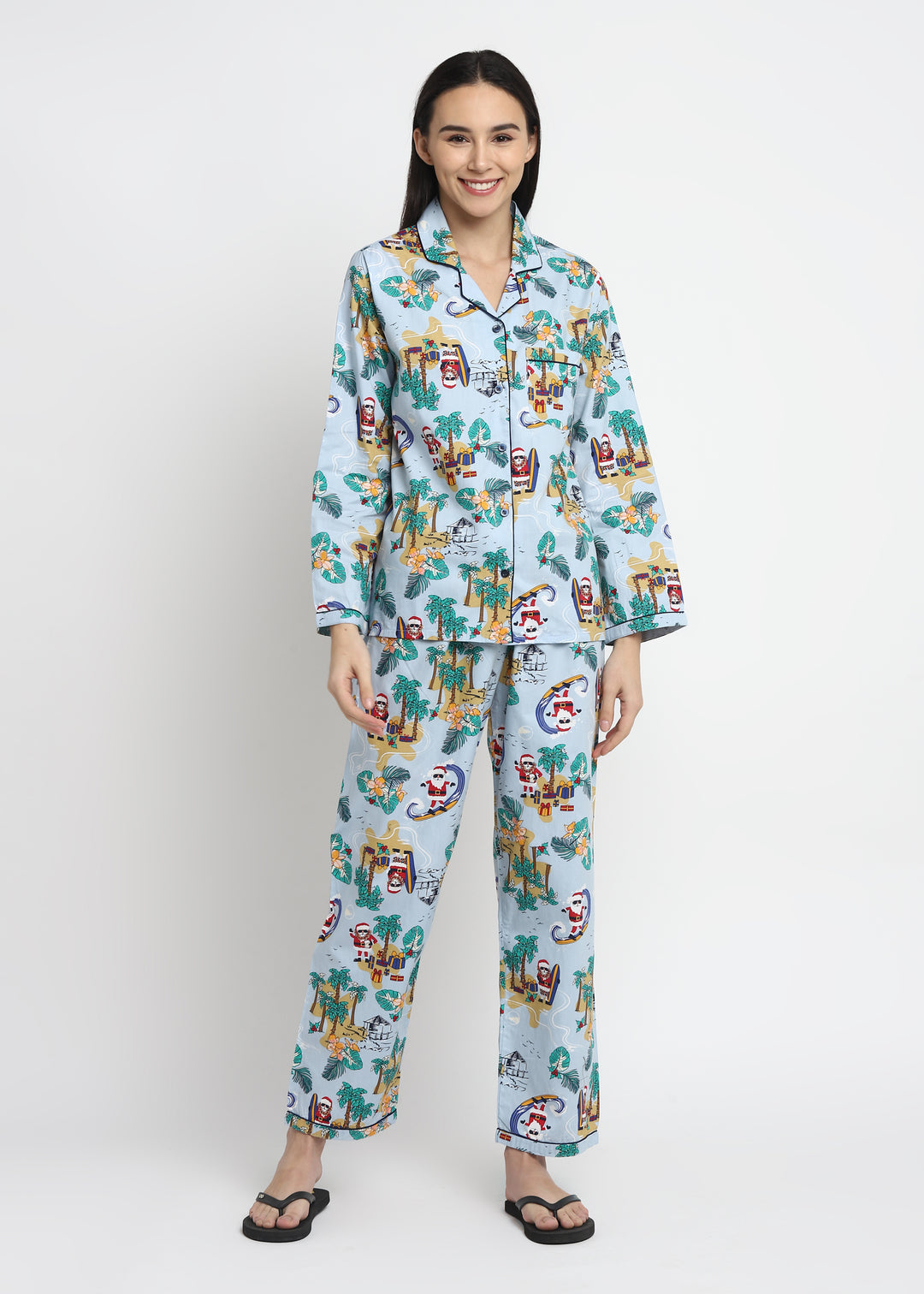 Santa By The Beach Print Long Sleeve Women's Night Suit - Shopbloom