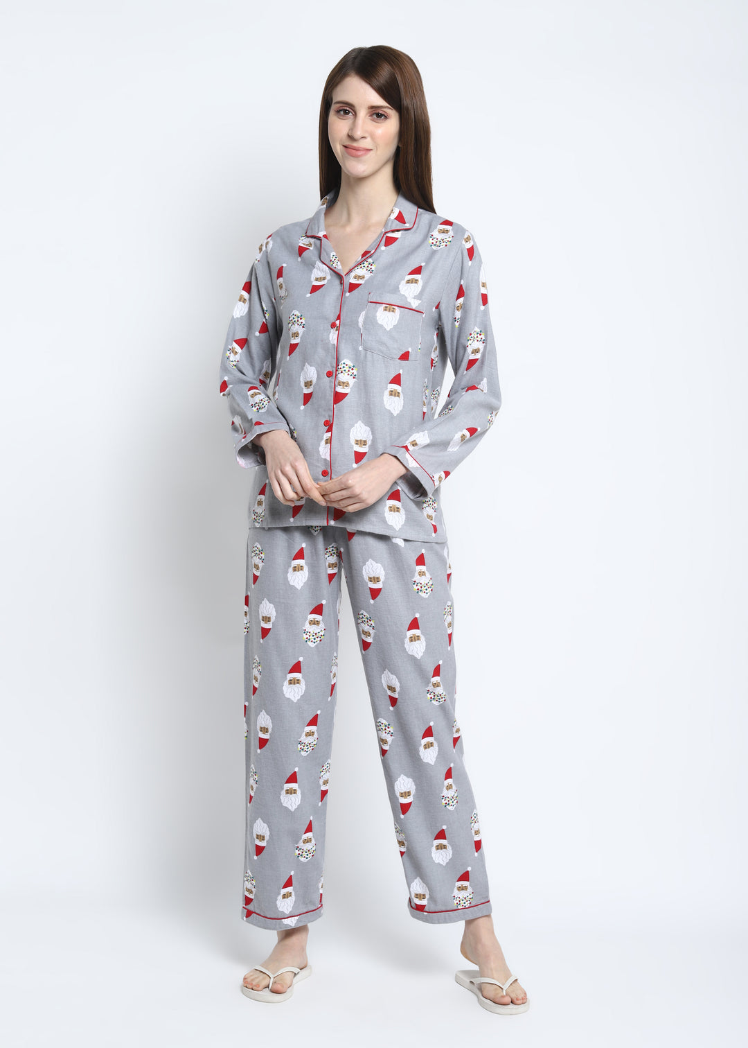 Santa Cutie Print Cotton Flannel Long Sleeve Women's Night Suit - Shopbloom