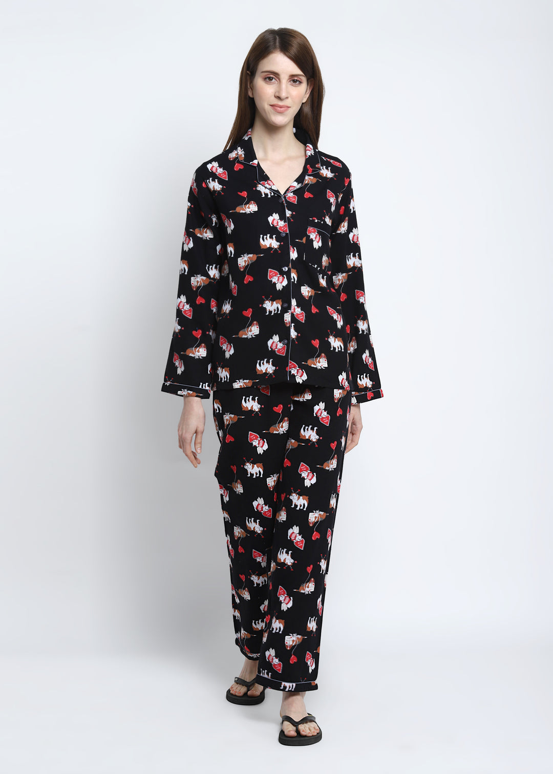 I Love You Print Cotton Flannel Long Sleeve Women's Night Suit - Shopbloom